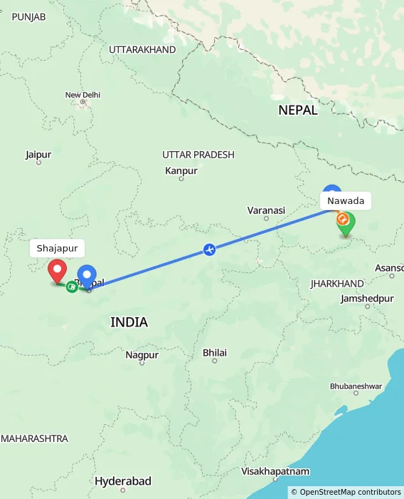 Route map showing distance and travel time from Nawada, India to Shajapur, India