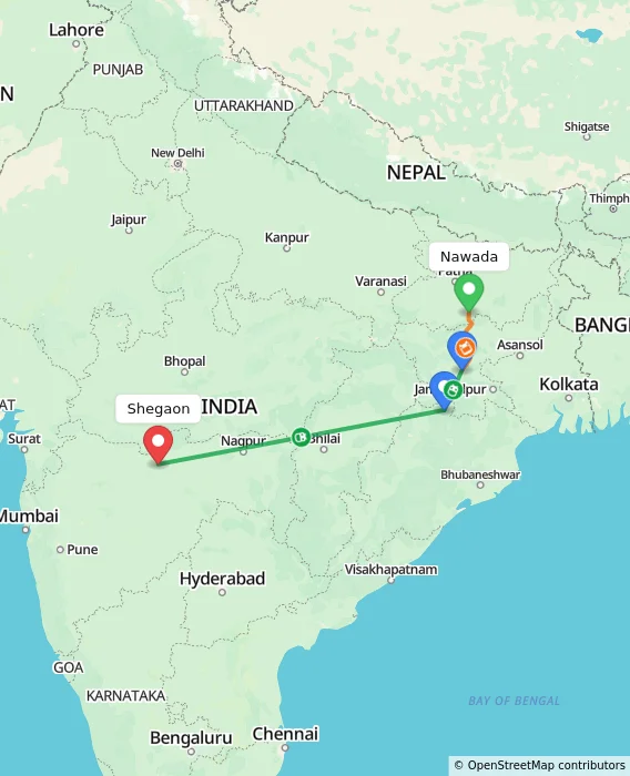 Route map showing distance and travel time from Nawada, India to Shegaon, India