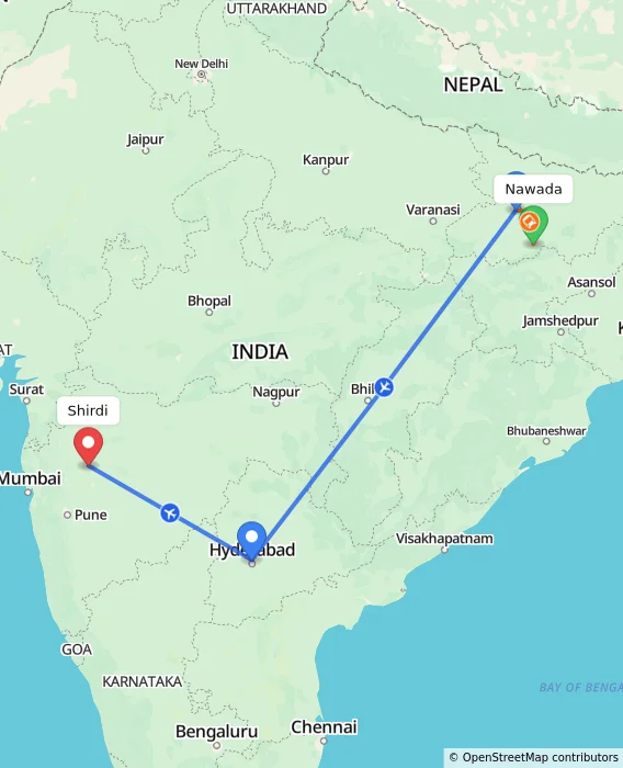 Route map showing distance and travel time from Nawada, India to Shirdi, India