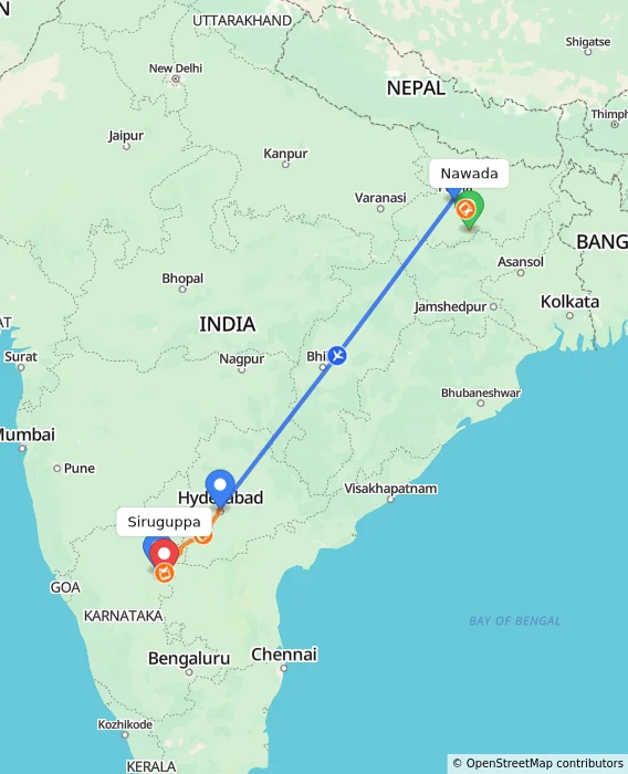 Route map showing distance and travel time from Nawada, India to Siruguppa, India