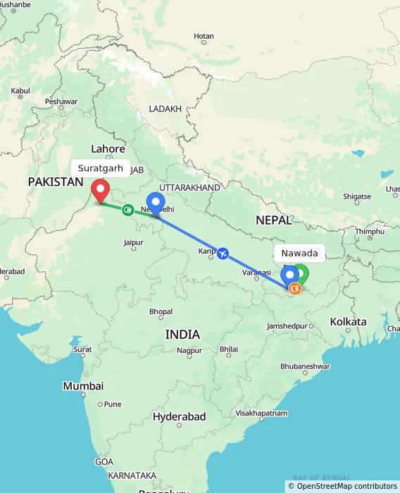 Route map showing distance and travel time from Nawada, India to Suratgarh, India