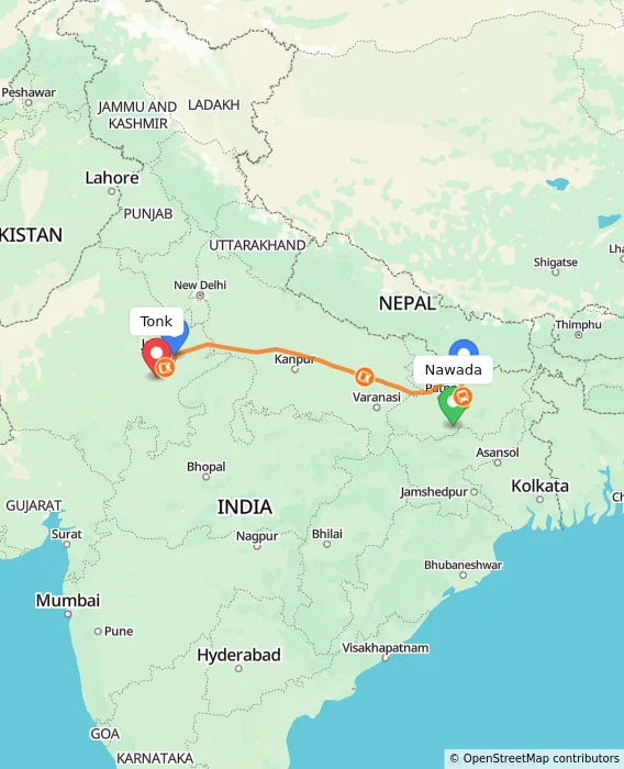 Route map showing distance and travel time from Nawada, India to Tonk, India