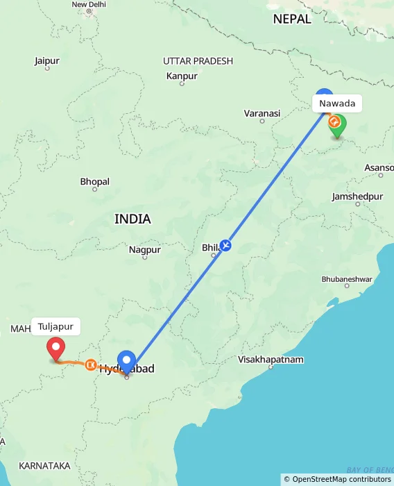 Route map showing distance and travel time from Nawada, India to Tuljapur, India