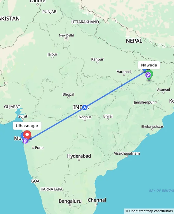 Route map showing distance and travel time from Nawada, India to Ulhasnagar, India