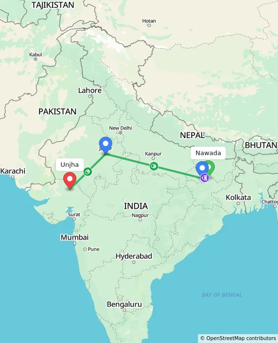 Route map showing distance and travel time from Nawada, India to Unjha, India