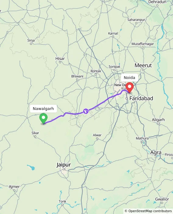 Route map showing distance and travel time from Nawalgarh, India to Noida, India
