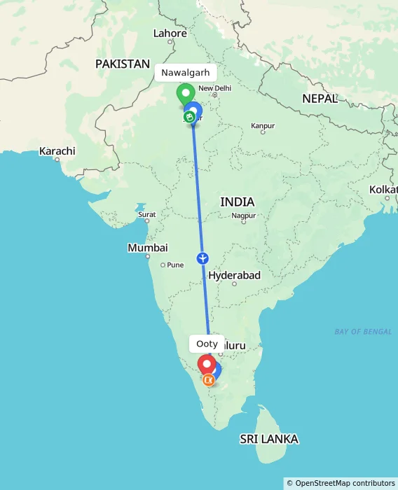 Route map showing distance and travel time from Nawalgarh, India to Ooty, India