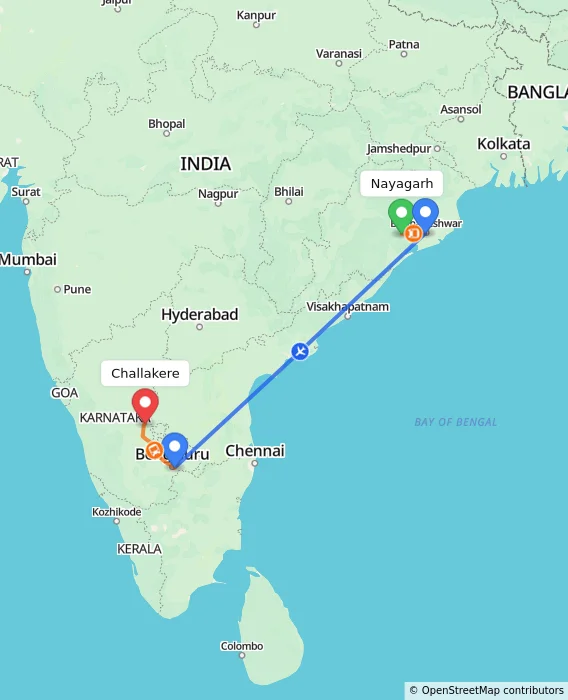 Route map showing distance and travel time from Nayagarh, India to Challakere, India