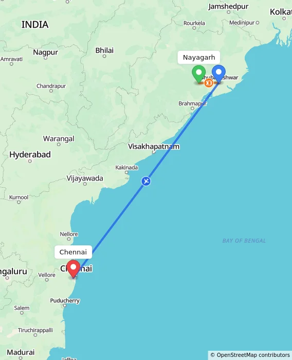 Route map showing distance and travel time from Nayagarh, India to Chennai, India