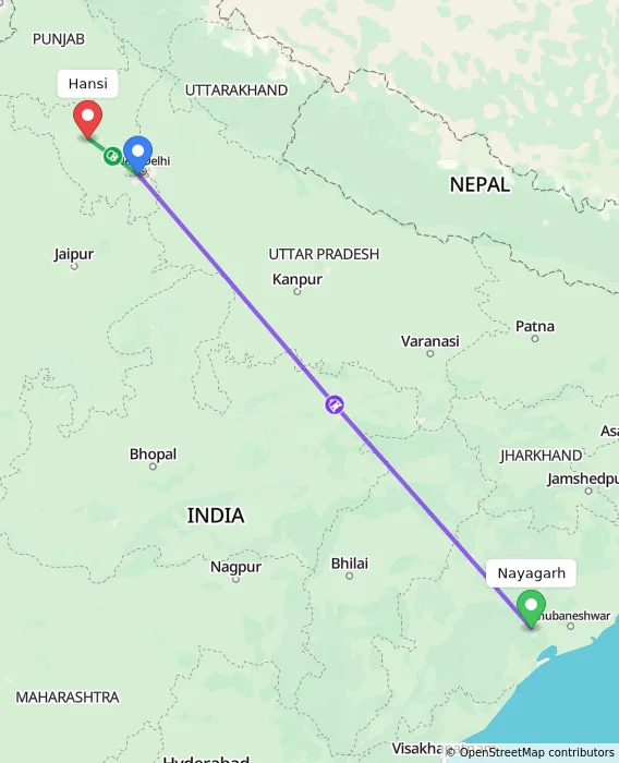 Route map showing distance and travel time from Nayagarh, India to Hansi, India