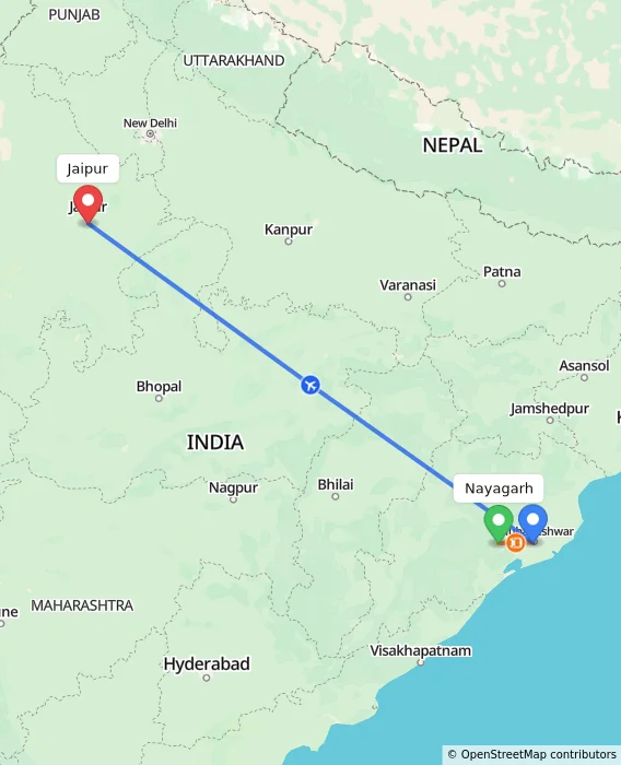 Route map showing distance and travel time from Nayagarh, India to Jaipur, India