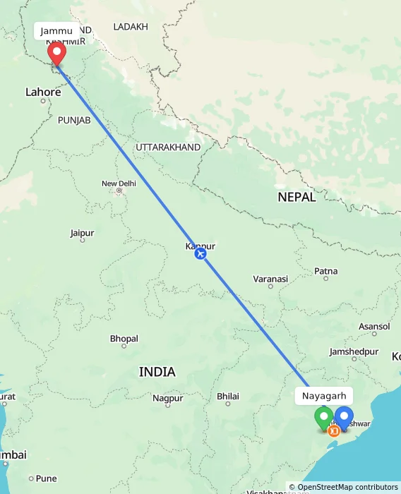 Route map showing distance and travel time from Nayagarh, India to Jammu, India
