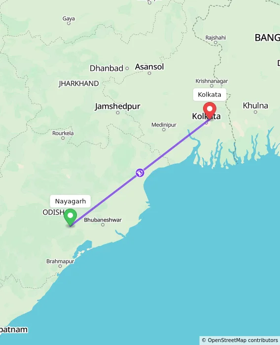 Route map showing distance and travel time from Nayagarh, India to Kolkata, India