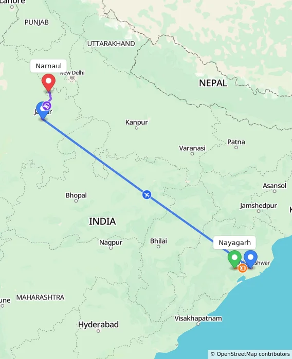 Route map showing distance and travel time from Nayagarh, India to Narnaul, India