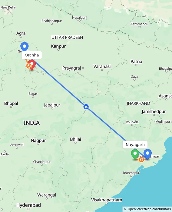 Route map showing distance and travel time from Nayagarh, India to Orchha, India
