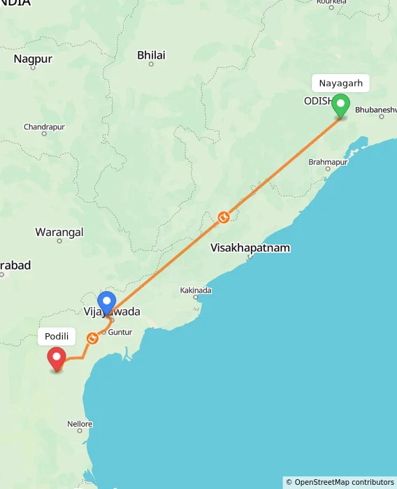 Route map showing distance and travel time from Nayagarh, India to Podili, India