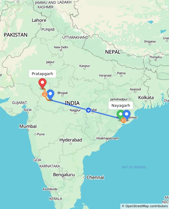 Route map showing distance and travel time from Nayagarh, India to Pratapgarh, India