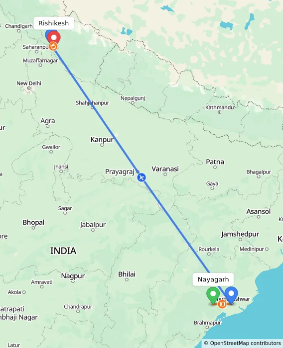 Route map showing distance and travel time from Nayagarh, India to Rishikesh, India