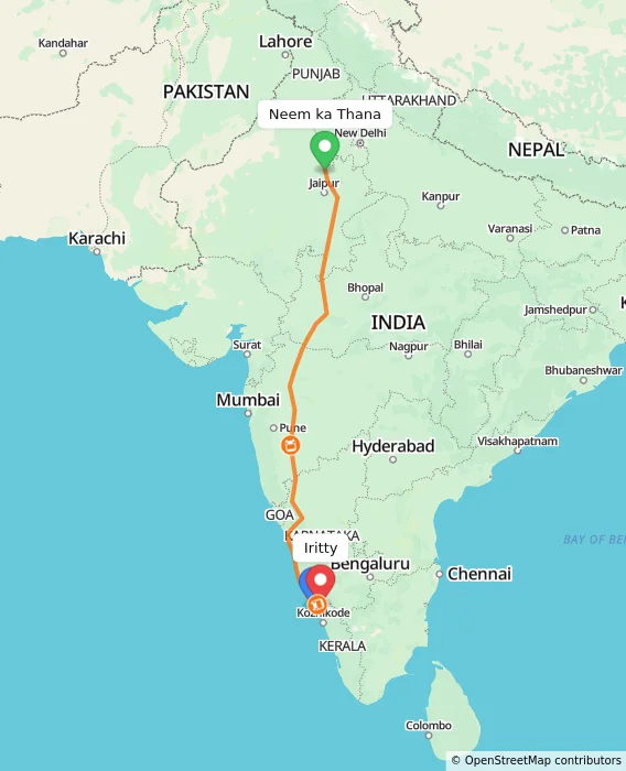 Route map showing distance and travel time from Neem ka Thana, India to Iritty, India