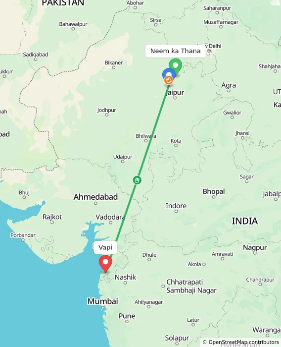 Route map showing distance and travel time from Neem ka Thana, India to Vapi, India