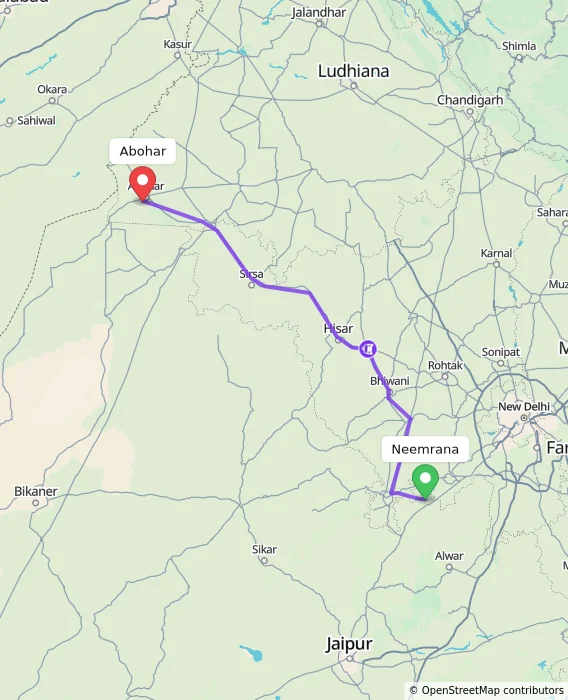 Route map showing distance and travel time from Neemrana, India to Abohar, India