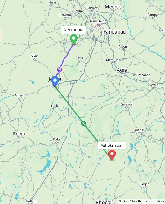 Route map showing distance and travel time from Neemrana, India to Ashoknagar, India