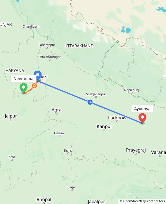 Route map showing distance and travel time from Neemrana, India to Ayodhya, India