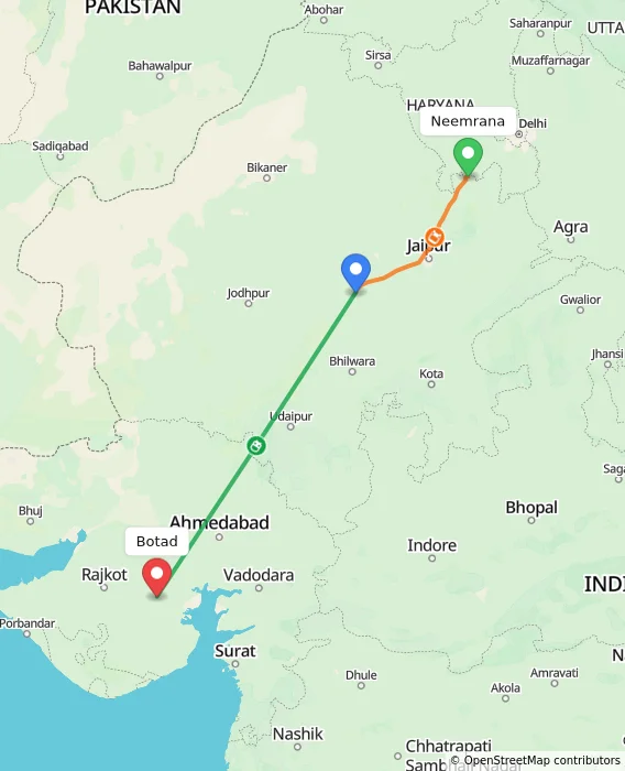 Route map showing distance and travel time from Neemrana, India to Botad, India