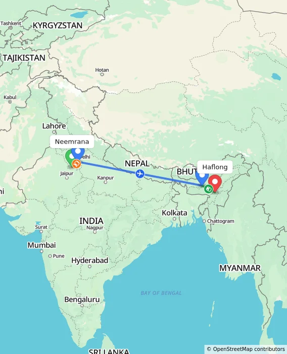 Route map showing distance and travel time from Neemrana, India to Haflong, India