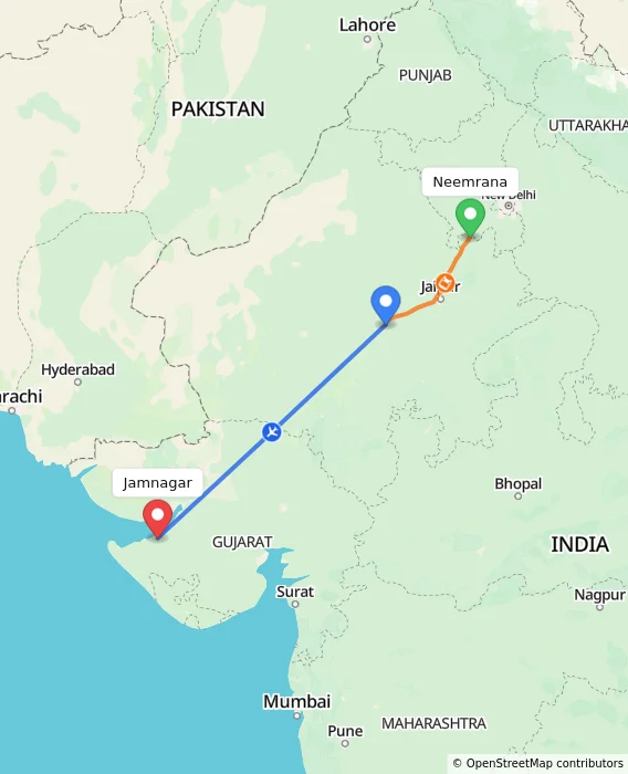 Route map showing distance and travel time from Neemrana, India to Jamnagar, India