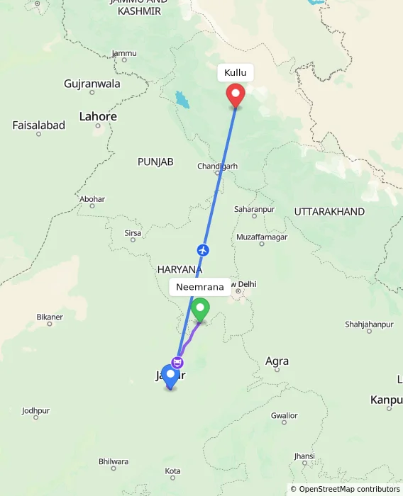 Route map showing distance and travel time from Neemrana, India to Kullu, India