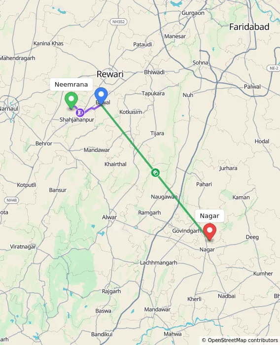 Route map showing distance and travel time from Neemrana, India to Nagar, India