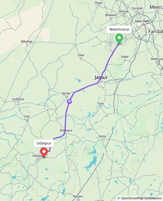 Route map showing distance and travel time from Neemrana, India to Udaipur, India