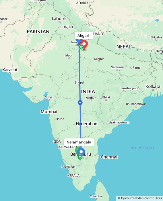 Route map showing distance and travel time from Nelamangala, India to Aligarh, India