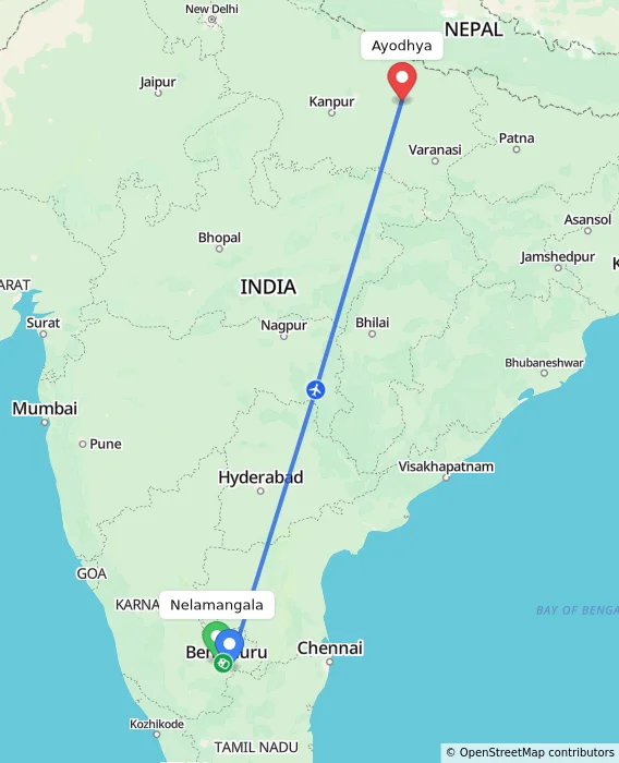 Route map showing distance and travel time from Nelamangala, India to Ayodhya, India