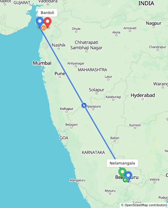 Route map showing distance and travel time from Nelamangala, India to Bardoli, India