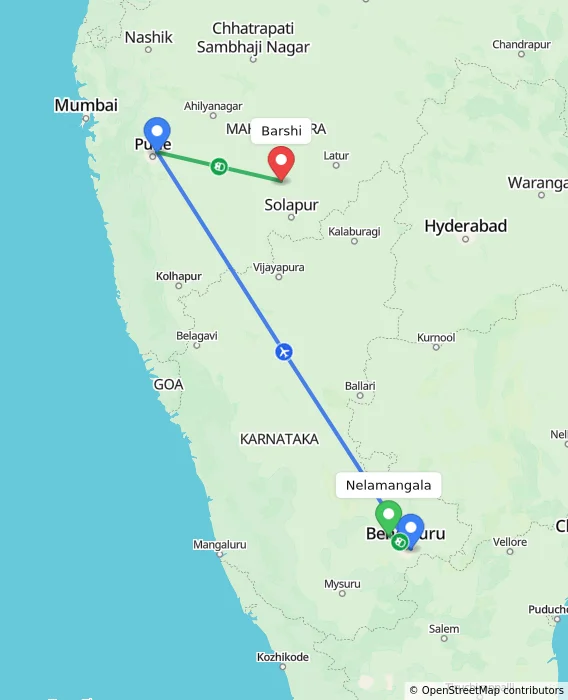 Route map showing distance and travel time from Nelamangala, India to Barshi, India