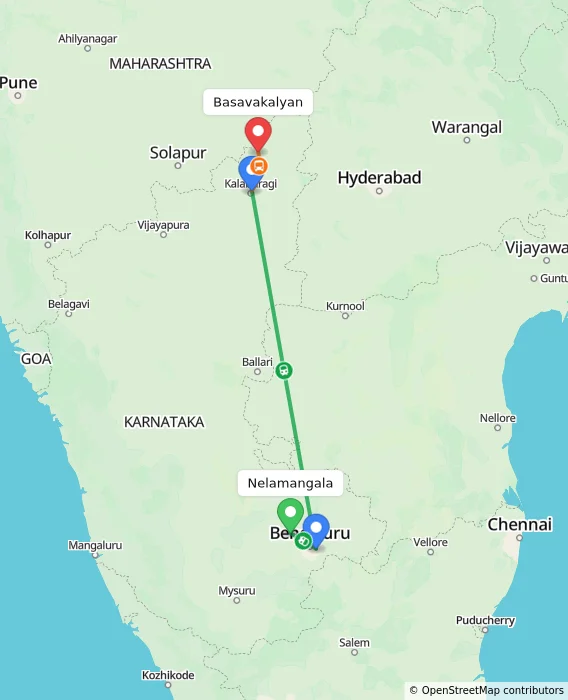 Route map showing distance and travel time from Nelamangala, India to Basavakalyan, India