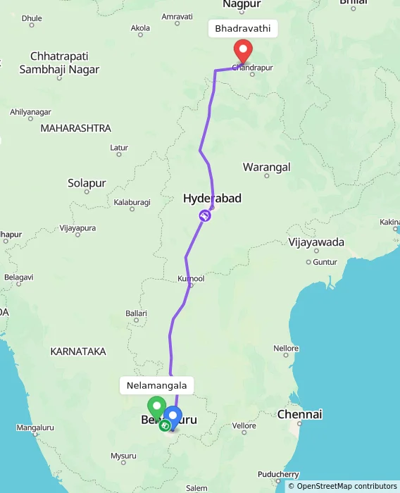 Route map showing distance and travel time from Nelamangala, India to Bhadravathi, India