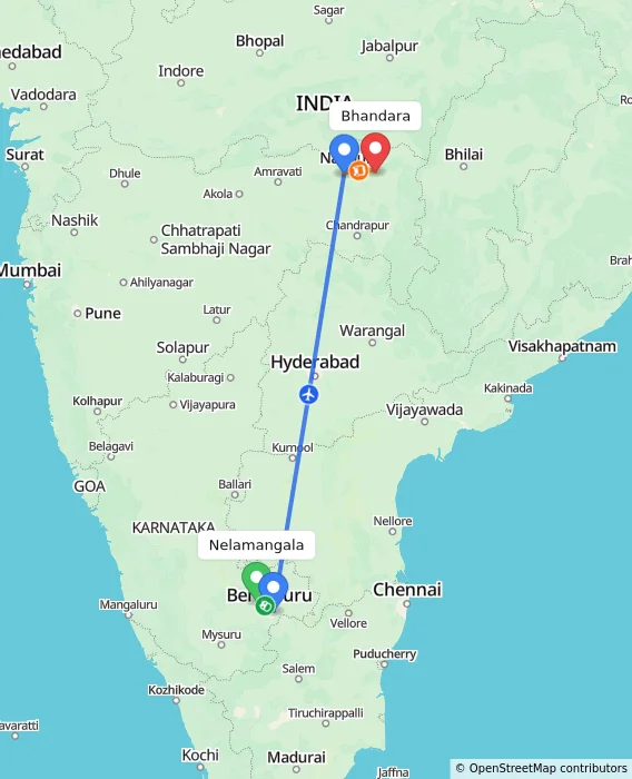 Route map showing distance and travel time from Nelamangala, India to Bhandara, India