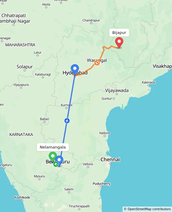 Route map showing distance and travel time from Nelamangala, India to Bijapur, India