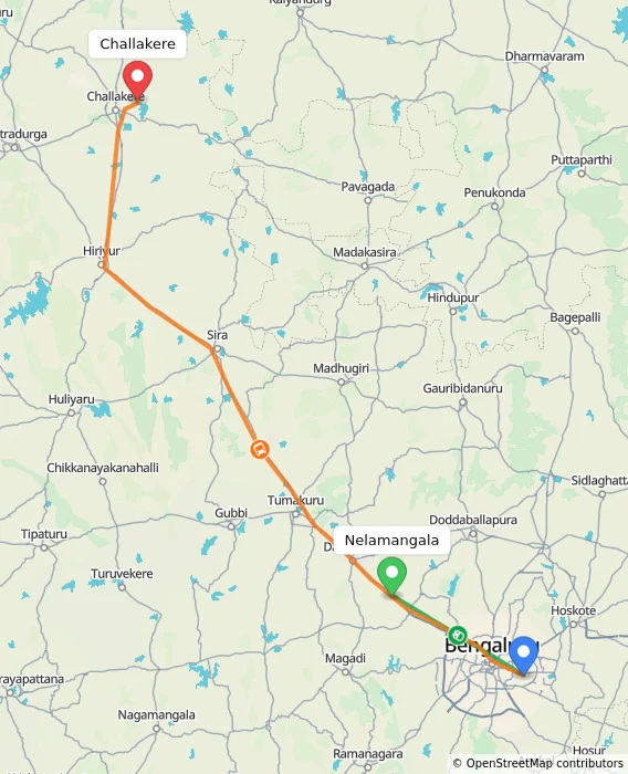 Route map showing distance and travel time from Nelamangala, India to Challakere, India