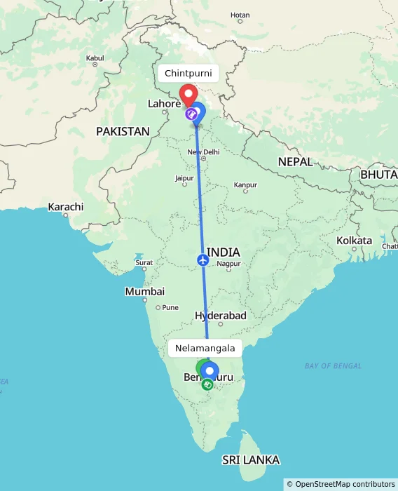 Route map showing distance and travel time from Nelamangala, India to Chintpurni, India