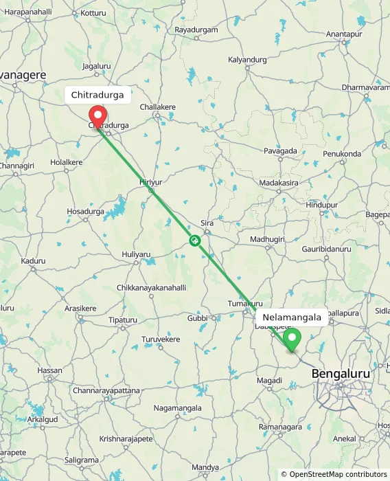 Route map showing distance and travel time from Nelamangala, India to Chitradurga, India