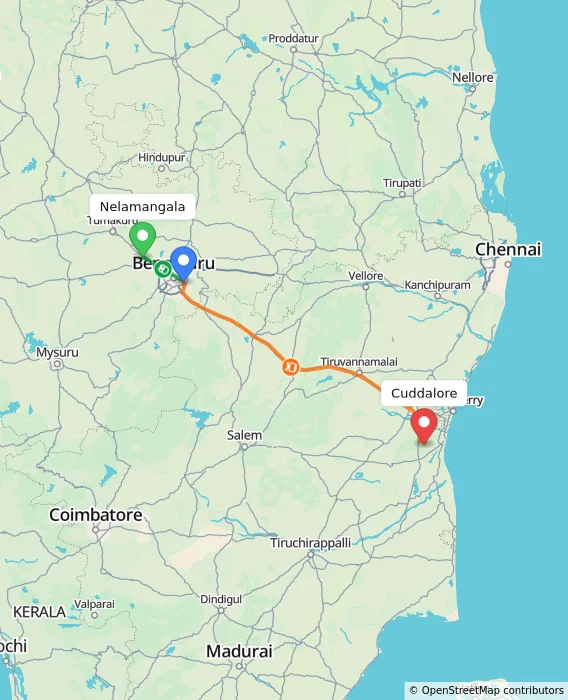 Route map showing distance and travel time from Nelamangala, India to Cuddalore, India