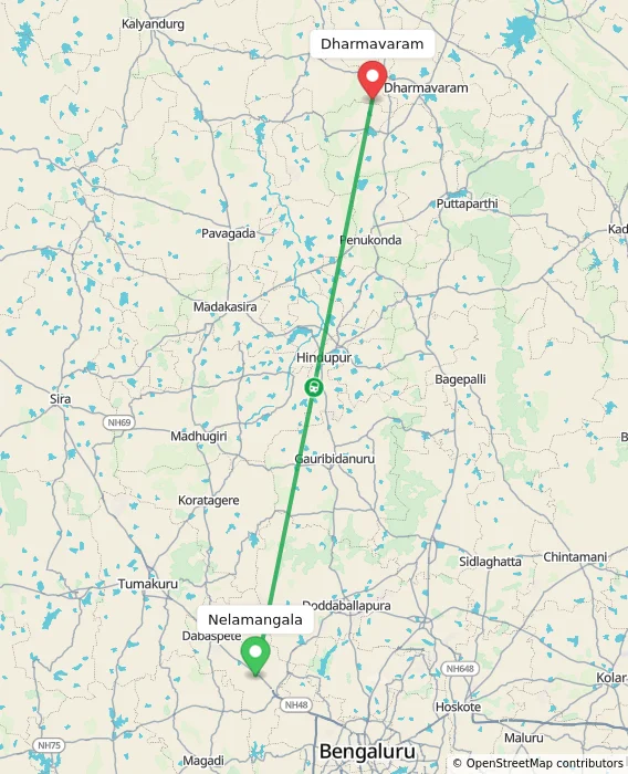 Route map showing distance and travel time from Nelamangala, India to Dharmavaram, India