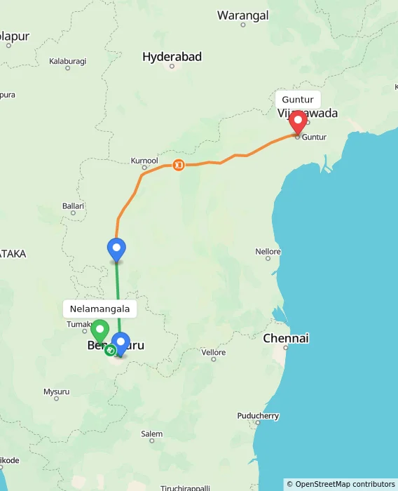 Route map showing distance and travel time from Nelamangala, India to Guntur, India