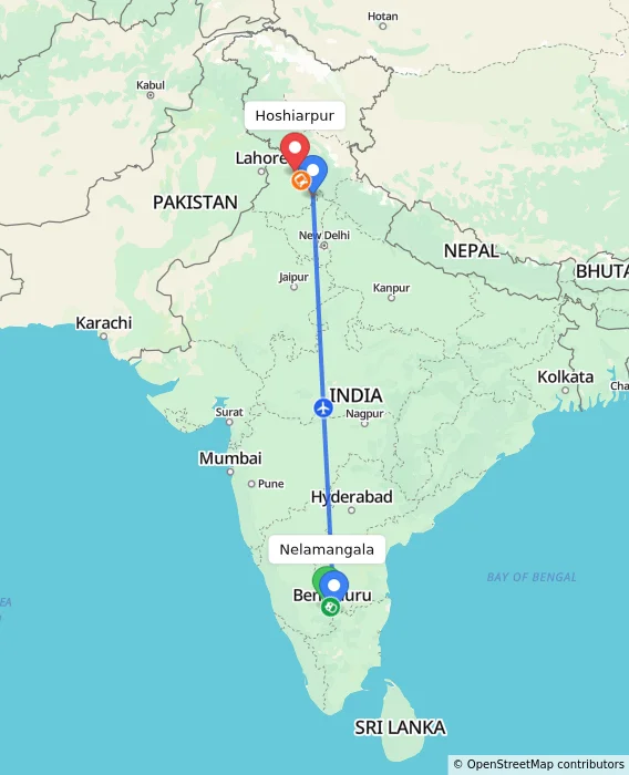 Route map showing distance and travel time from Nelamangala, India to Hoshiarpur, India