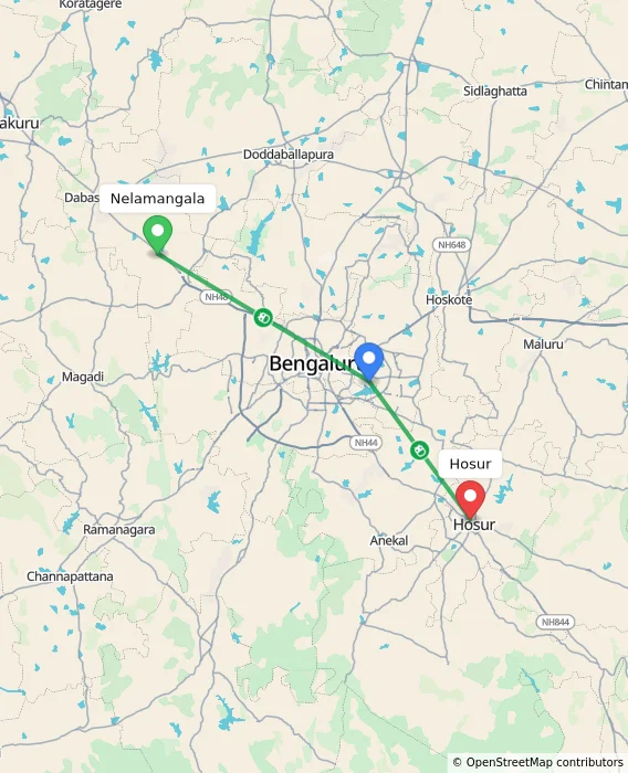 Route map showing distance and travel time from Nelamangala, India to Hosur, India