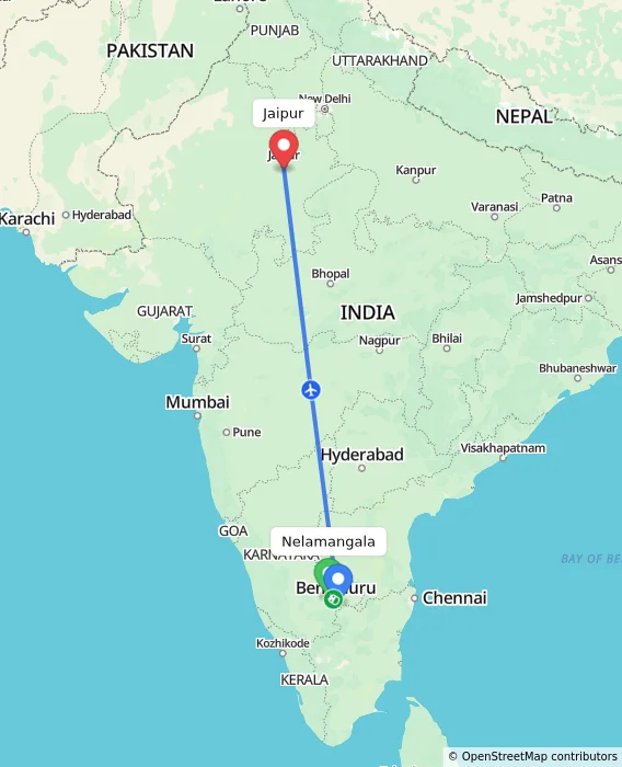 Route map showing distance and travel time from Nelamangala, India to Jaipur, India